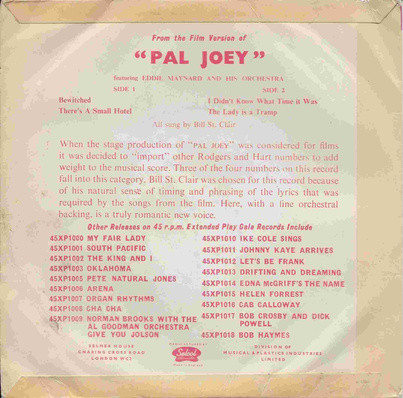 45 XP 1004 Pal Joey Rodgers / Hart / Bill St. Clair from ITV, Channel 4 and Channel 5 library Back cover of 45 XP 1004